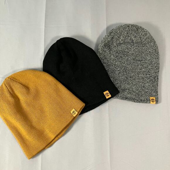 Timberland Beanie Lot 3 Pack Knit Hats Black Grey Mustard Acrylic OS Unisex - Picture 1 of 11
